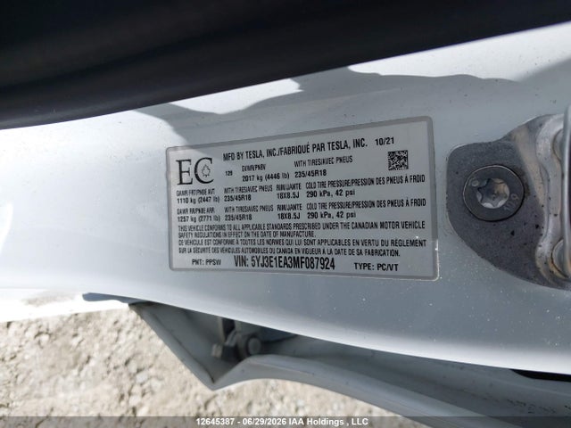 12645387 :رقم المزاد ، 5YJ3E1EA3MF087924 vin ، 2021 Tesla Model 3 مزاد بيع