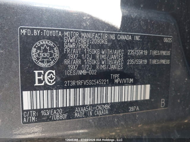 2025 Toyota Rav4 Xle/xle Premium მანქანა იყიდება აუქციონზე, vin: 2T3R1RFV5SC545221, აუქციონის ნომერი: 12645388
