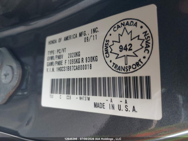 Aukcja sprzedaży 2012 Honda Accord, vin: 1HGCS1B87CA800018, numer aukcji: 12645395