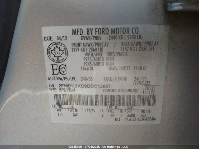 Продаж на аукціоні авто 2013 Ford Edge, vin: 2FMDK3KC9DBC13887, номер лоту: 12645400