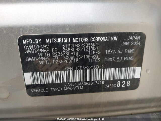 12645408 :رقم المزاد ، JA4J4UA83RZ617416 vin ، 2024 Mitsubishi Outlander Es مزاد بيع