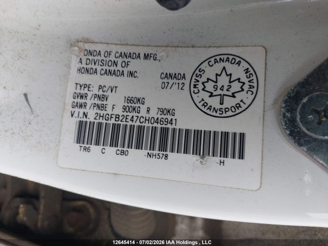 Aukcja sprzedaży 2012 Honda Civic Lx, vin: 2HGFB2E47CH046941, numer aukcji: 12645414