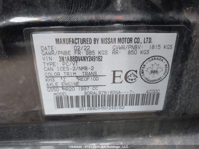 Продаж на аукціоні авто 2022 Nissan Sentra Sr/sr Midnight Edition, vin: 3N1AB8DV4NY249162, номер лоту: 12645420