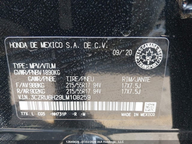 Aukcja sprzedaży 2020 Honda Hr-v Sport, vin: 3CZRU6H29LM108259, numer aukcji: 12645439