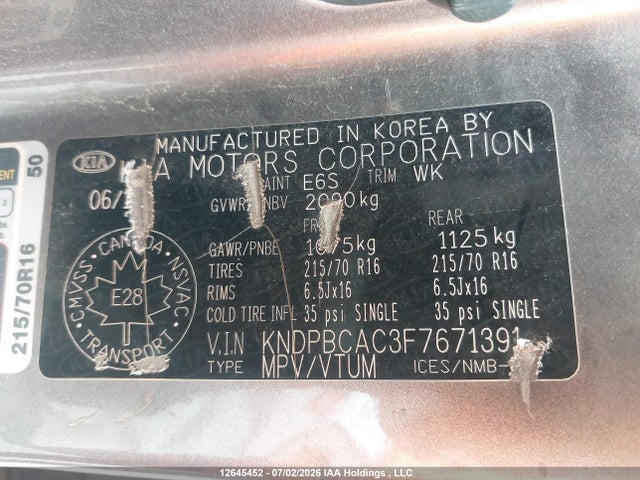 12645452 :رقم المزاد ، KNDPBCAC3F7671391 vin ، 2015 Kia Sportage Lx مزاد بيع