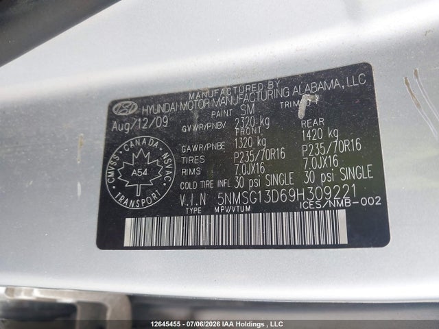 12645455 :رقم المزاد ، 5NMSG13D69H309221 vin ، 2009 Hyundai Santa Fe Gl مزاد بيع