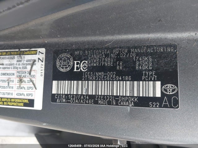 2006 Toyota Matrix მანქანა იყიდება აუქციონზე, vin: 2T1KR32E56C594186, აუქციონის ნომერი: 12645459