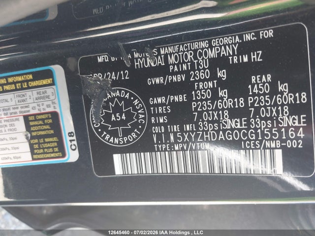 Aukcja sprzedaży 2012 Hyundai Santa Fe Se, vin: 5XYZHDAG0CG155164, numer aukcji: 12645460