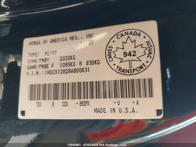 2008 Honda Accord მანქანა იყიდება აუქციონზე, vin: 1HGCS12828A800631, აუქციონის ნომერი: 12645463