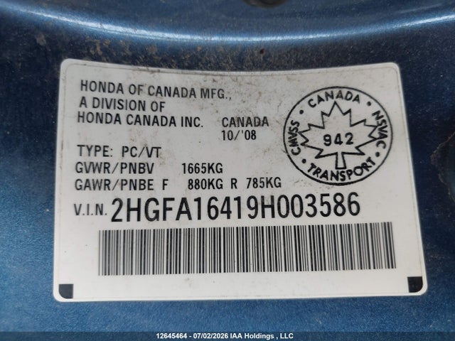 Продаж на аукціоні авто 2009 Honda Civic, vin: 2HGFA16419H003586, номер лоту: 12645464