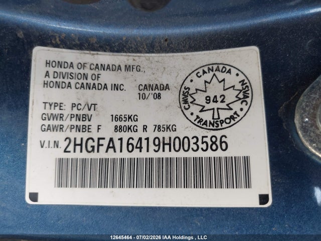 Продаж на аукціоні авто 2009 Honda Civic, vin: 2HGFA16419H003586, номер лоту: 12645464