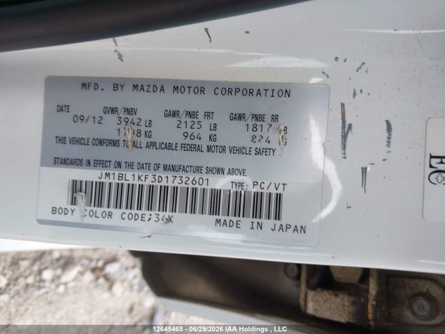 12645465 :رقم المزاد ، JM1BL1KF3D1732601 vin ، 2013 Mazda 3 I مزاد بيع