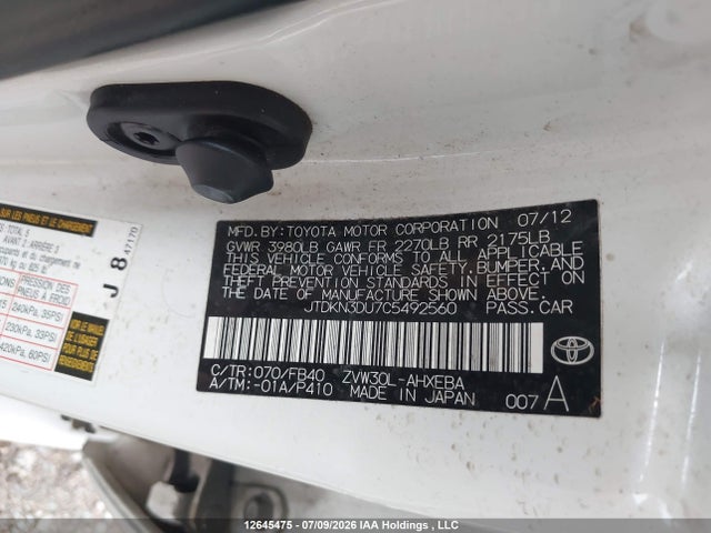 12645475 :رقم المزاد ، JTDKN3DU7C5492560 vin ، 2012 Toyota Prius Three مزاد بيع