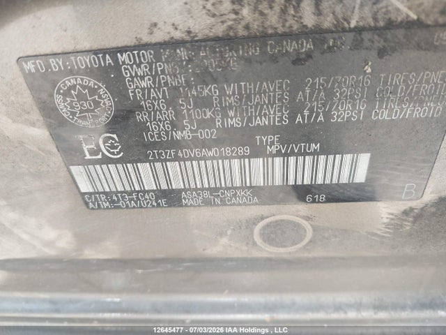 2010 Toyota Rav4 მანქანა იყიდება აუქციონზე, vin: 2T3ZF4DV6AW018289, აუქციონის ნომერი: 12645477