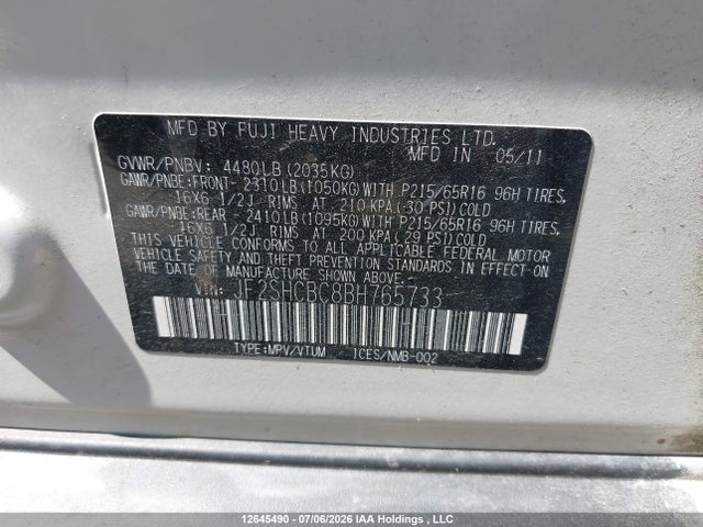 12645490 :رقم المزاد ، JF2SHCBC8BH765733 vin ، 2011 Subaru Forester 2.5x مزاد بيع