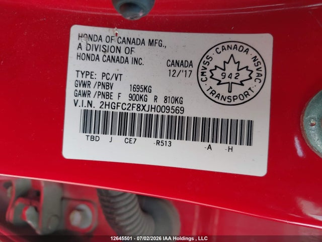 Honda CIVIC EX 2018 2HGFC2F8XJH009569 Image 18