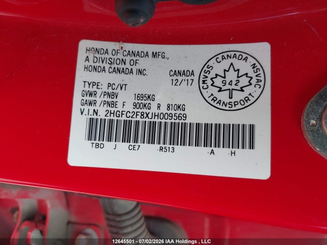 Honda CIVIC EX 2018 2HGFC2F8XJH009569 Image 9