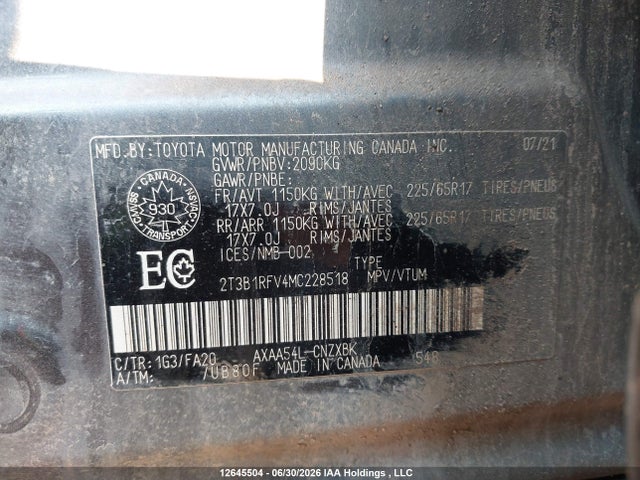 2021 Toyota Rav4 Le მანქანა იყიდება აუქციონზე, vin: 2T3B1RFV4MC228518, აუქციონის ნომერი: 12645504