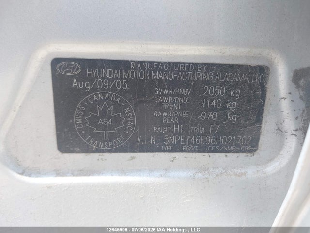 Aukcja sprzedaży 2006 Hyundai Sonata Gl V6, vin: 5NPET46F96H021702, numer aukcji: 12645506