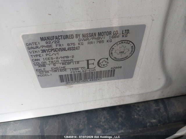 12645514 :رقم المزاد ، 3N1CP5CV5NL493247 vin ، 2022 Nissan Kicks Sv مزاد بيع