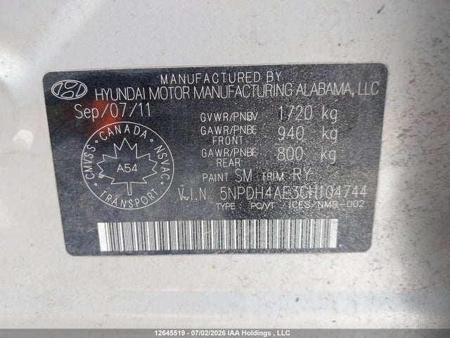 Продаж на аукціоні авто 2012 Hyundai Elantra Limited, vin: 5NPDH4AE3CH104744, номер лоту: 12645519