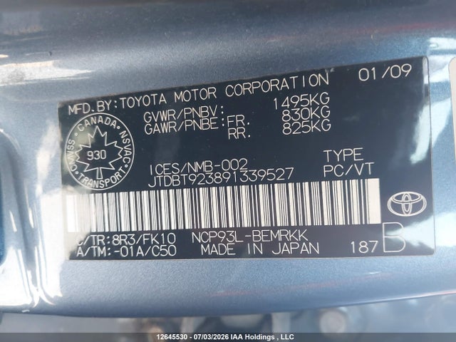 Aukcja sprzedaży 2009 Toyota Yaris, vin: JTDBT923891339527, numer aukcji: 12645530