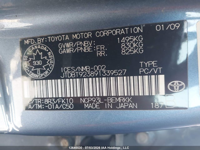 Aukcja sprzedaży 2009 Toyota Yaris, vin: JTDBT923891339527, numer aukcji: 12645530