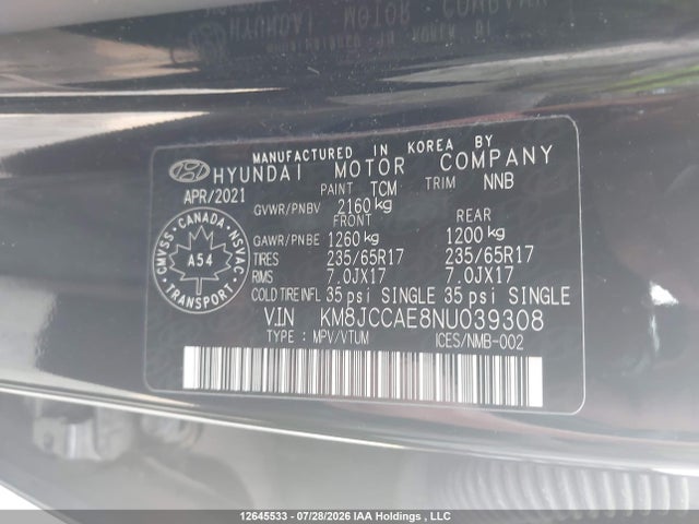 12645533 :رقم المزاد ، KM8JCCAE8NU039308 vin ، 2022 Hyundai Tucson Preferred Awd With Trend Package مزاد بيع