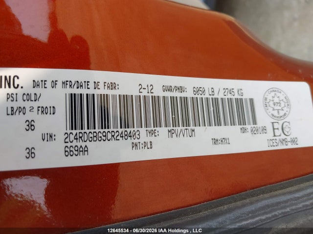 Aukcja sprzedaży 2012 Dodge Grand Caravan Se/sxt, vin: 2C4RDGBG9CR248403, numer aukcji: 12645534