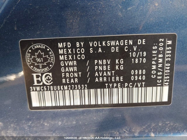 Aukcja sprzedaży 2019 Volkswagen Jetta S/se/r-line, vin: 3VWC57BU8KM273532, numer aukcji: 12645538