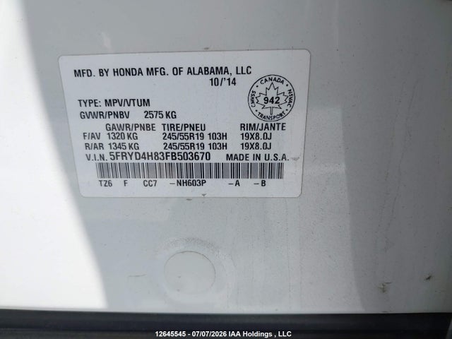 5FRYD4H83FB503670 Acura Mdx Elite Package