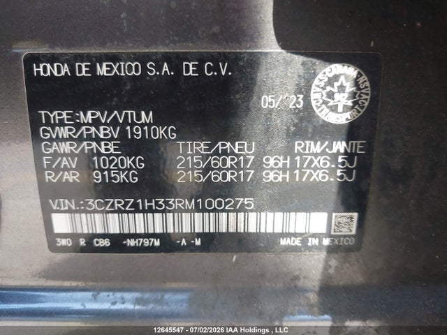 2024 Honda Hr-v Lx-b მანქანა იყიდება აუქციონზე, vin: 3CZRZ1H33RM100275, აუქციონის ნომერი: 12645547