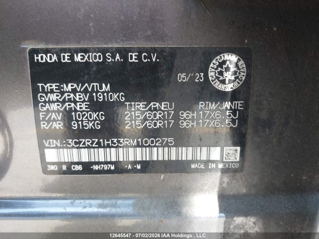 2024 Honda Hr-v Lx-b მანქანა იყიდება აუქციონზე, vin: 3CZRZ1H33RM100275, აუქციონის ნომერი: 12645547