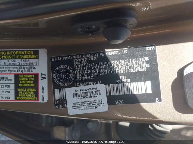 Aukcja sprzedaży 2011 Toyota Venza, vin: 4T3BK3BB7BU051688, numer aukcji: 12645548