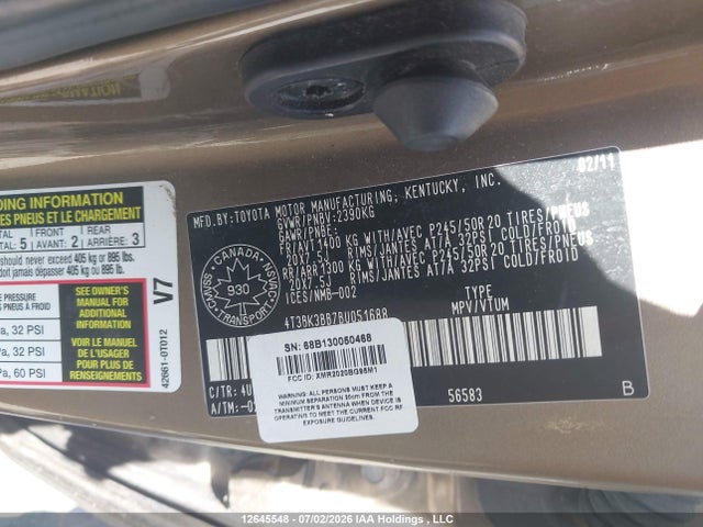 Aukcja sprzedaży 2011 Toyota Venza, vin: 4T3BK3BB7BU051688, numer aukcji: 12645548