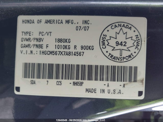 Продаж на аукціоні авто 2007 Honda Accord Ex, vin: 1HGCM567X7A814567, номер лоту: 12645549
