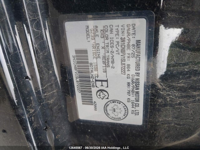 2025 Nissan Versa Sr მანქანა იყიდება აუქციონზე, vin: 3N1CN8FV1SL872227, აუქციონის ნომერი: 12645567