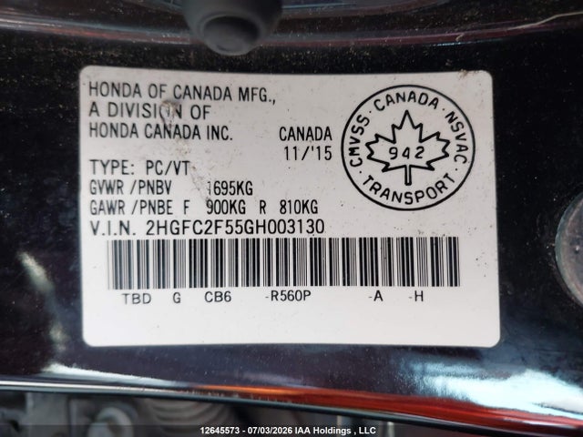 Продаж на аукціоні авто 2016 Honda Civic, vin: 2HGFC2F55GH003130, номер лоту: 12645573