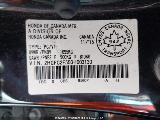Продаж на аукціоні авто 2016 Honda Civic, vin: 2HGFC2F55GH003130, номер лоту: 12645573