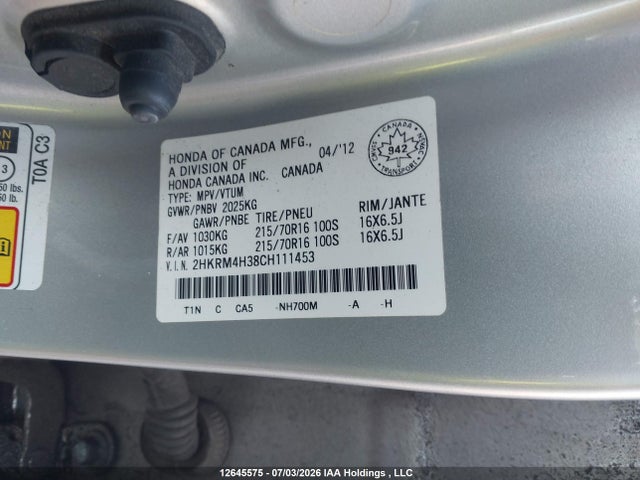 12645575 :رقم المزاد ، 2HKRM4H38CH111453 vin ، 2012 Honda Cr-v Lx مزاد بيع