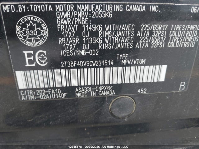 Продаж на аукціоні авто 2012 Toyota Rav4, vin: 2T3BF4DV5CW231514, номер лоту: 12645578