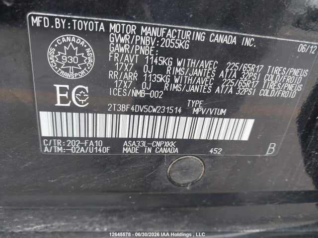 Продаж на аукціоні авто 2012 Toyota Rav4, vin: 2T3BF4DV5CW231514, номер лоту: 12645578