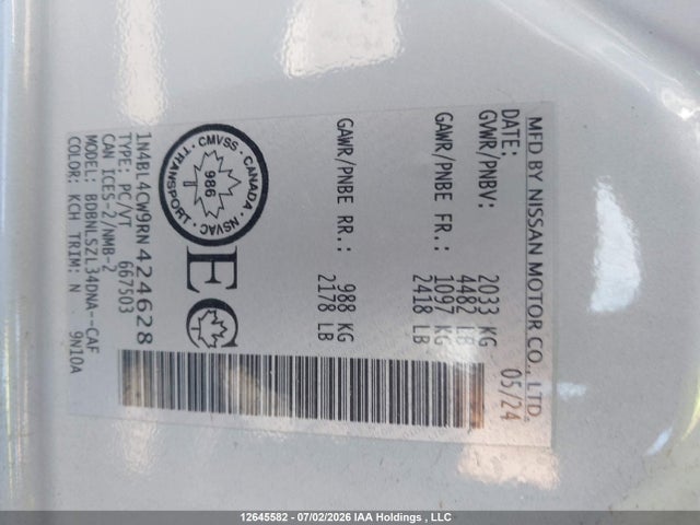 2024 Nissan Altima Sr მანქანა იყიდება აუქციონზე, vin: 1N4BL4CW9RN424628, აუქციონის ნომერი: 12645582