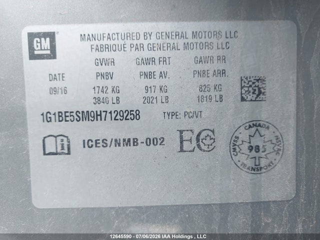 Auction sale of the 2017 Chevrolet Cruze Lt, vin: 1G1BE5SM9H7129258, lot number: 12645590