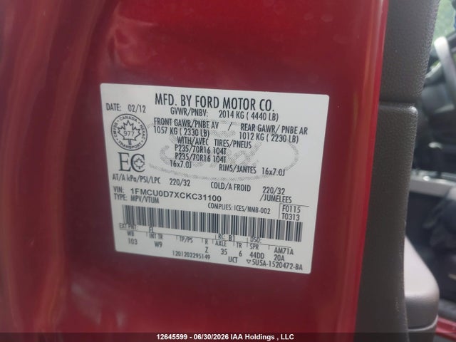 12645599 :رقم المزاد ، 1FMCU0D7XCKC31100 vin ، 2012 Ford Escape Xlt مزاد بيع