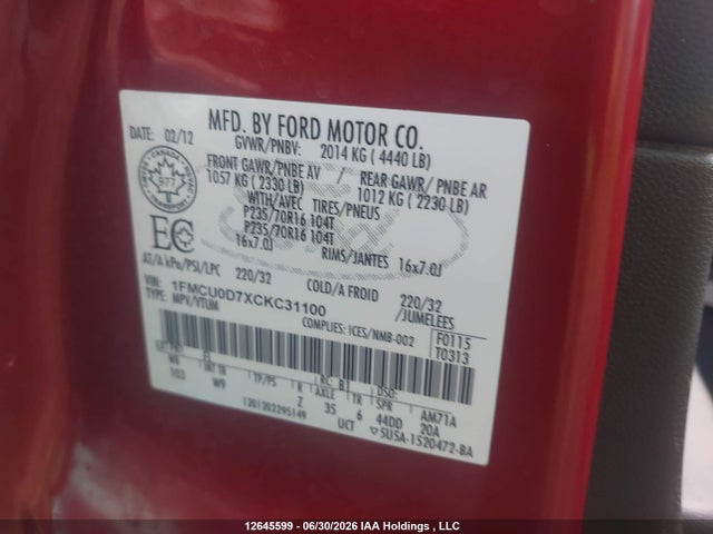 12645599 :رقم المزاد ، 1FMCU0D7XCKC31100 vin ، 2012 Ford Escape Xlt مزاد بيع