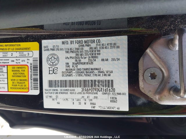 12645605 :رقم المزاد ، 3FA6P0T90GR181620 vin ، 2016 Ford Fusion Se مزاد بيع