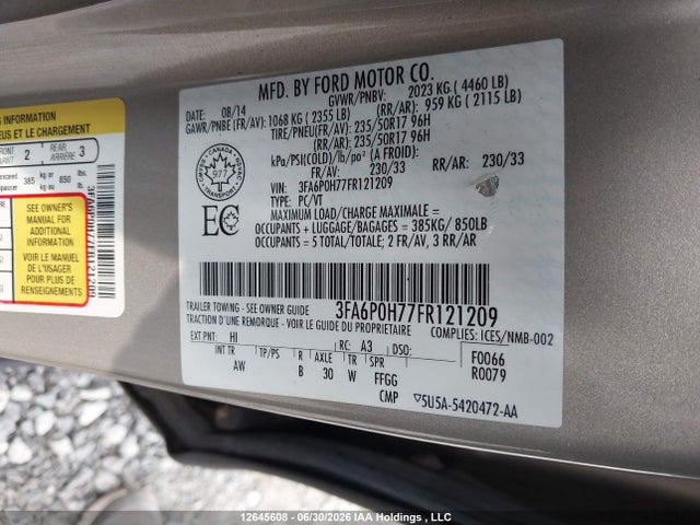 Ford FUSION SE 2015 3FA6P0H77FR121209 Image 9
