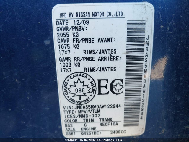 Продаж на аукціоні авто 2010 Nissan Rogue Sl, vin: JN8AS5MV0AW122944, номер лоту: 12645611