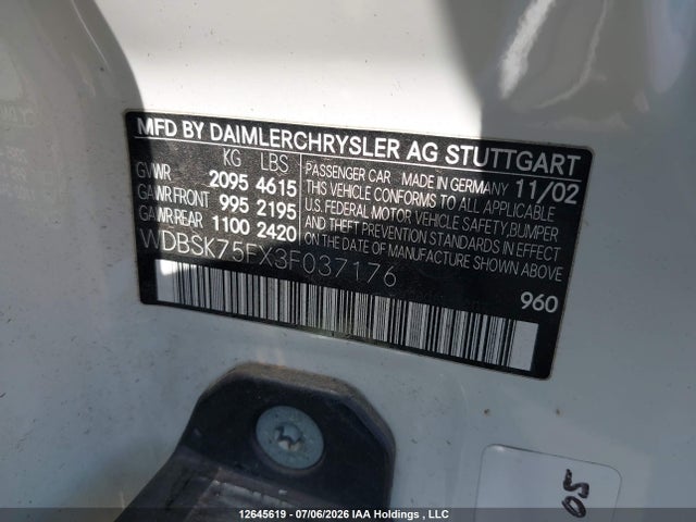 12645619 :رقم المزاد ، WDBSK75FX3F037176 vin ، 2003 Mercedes-benz Sl 500r مزاد بيع